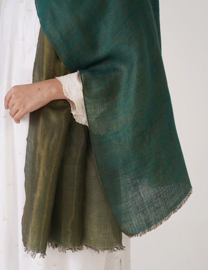 Kashmiri Handwoven Pashmina Reversible Stole – Green &amp; Metallic Golden | Handwoven Heritage