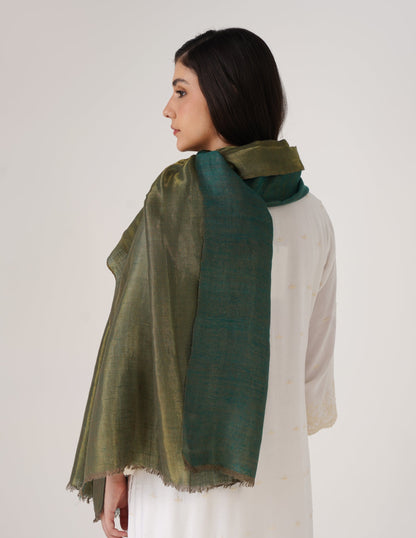 Kashmiri Handwoven Pashmina Reversible Stole – Green &amp; Metallic Golden | Handwoven Heritage