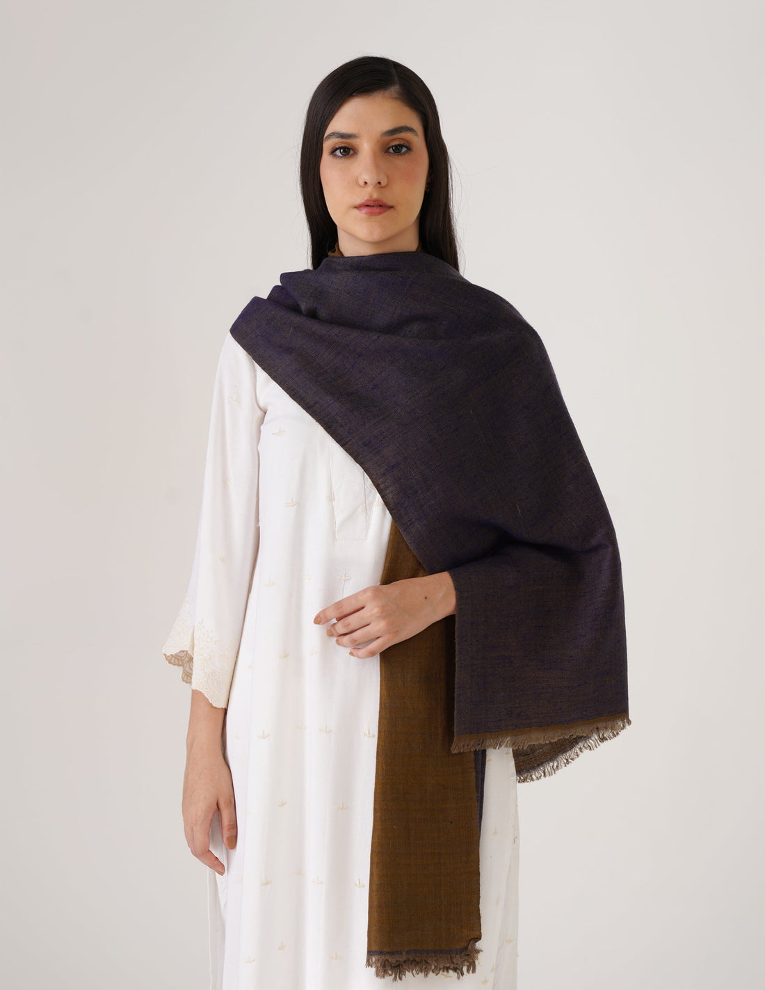 Kashmiri Handwoven Pashmina Reversible Stole – Blue & Mustard | Handwoven Heritage