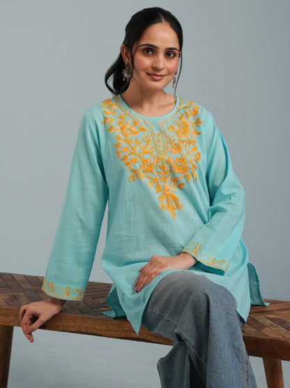 Sky Blue Kashmiri Aari Embroidered  Rayon Kurta