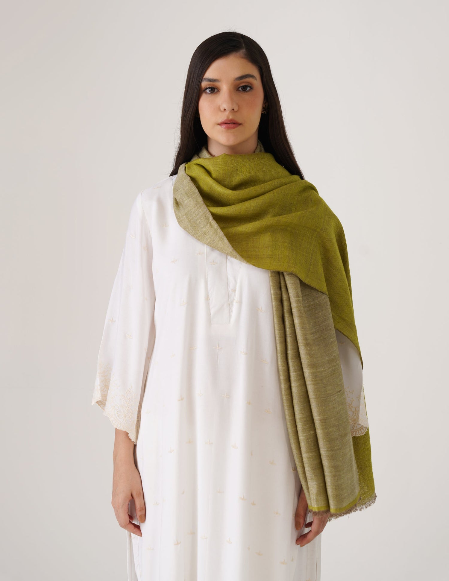 Kashmiri Handwoven Pashmina Reversible Stole – Olive Green &amp; White Asparagus | Handwoven Heritage