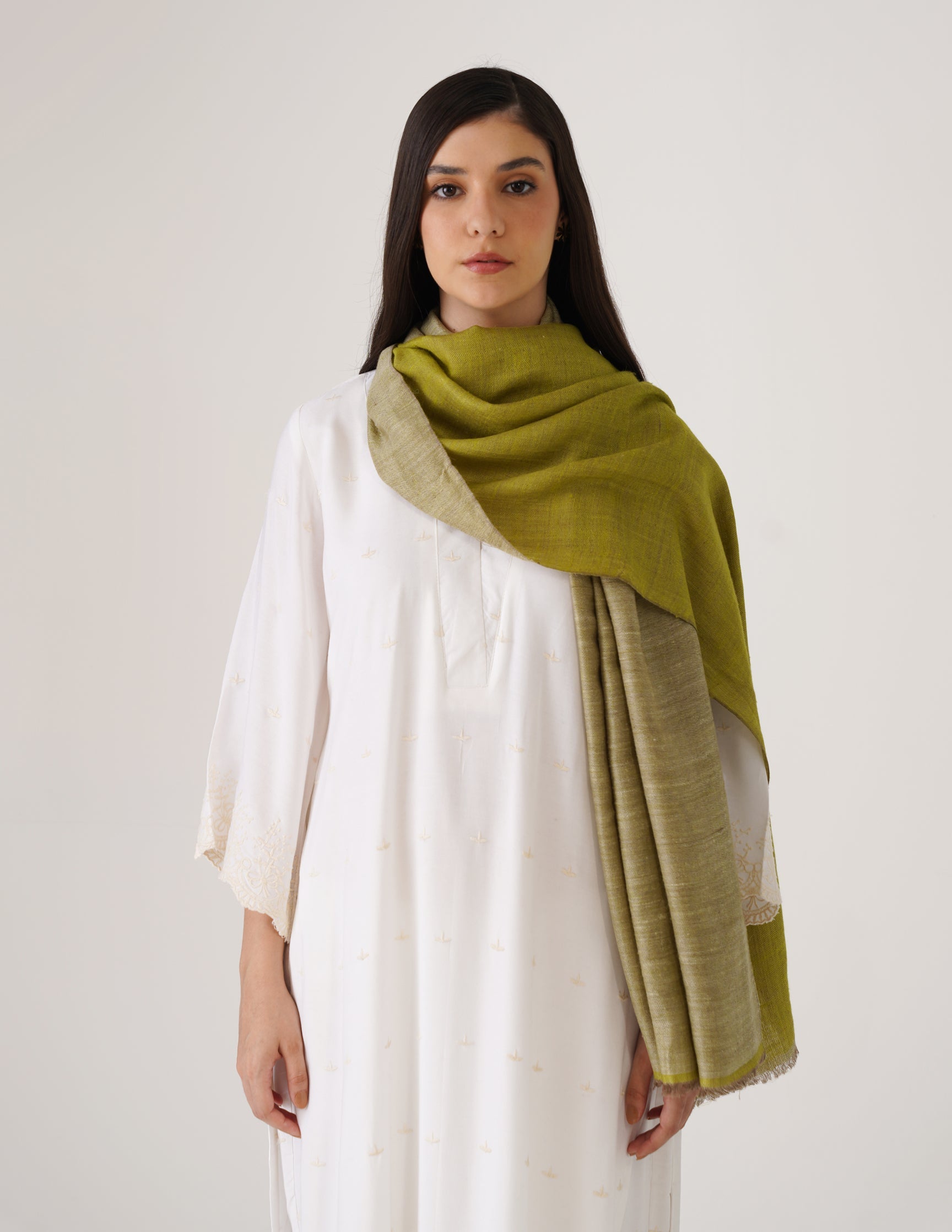 Kashmiri Handwoven Pashmina Reversible Stole – Olive Green &amp; White Asparagus | Handwoven Heritage