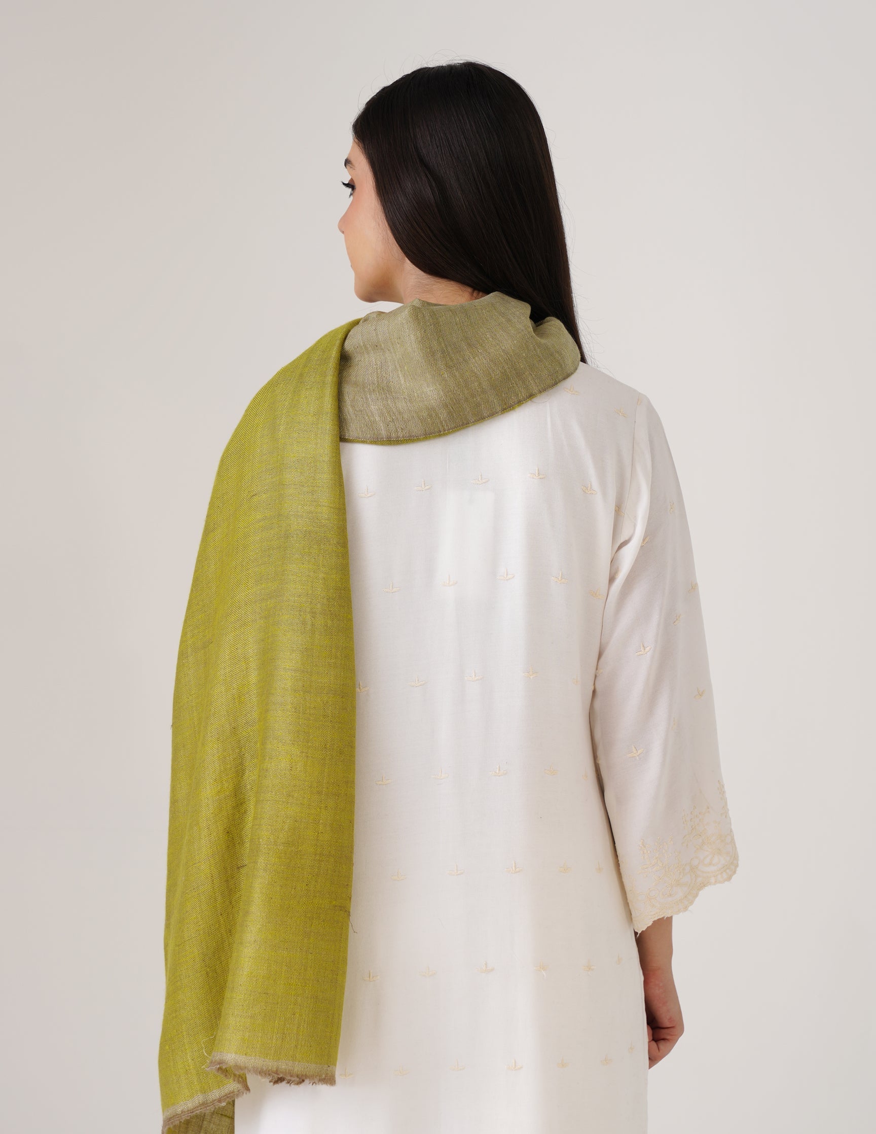Kashmiri Handwoven Pashmina Reversible Stole – Olive Green &amp; White Asparagus | Handwoven Heritage