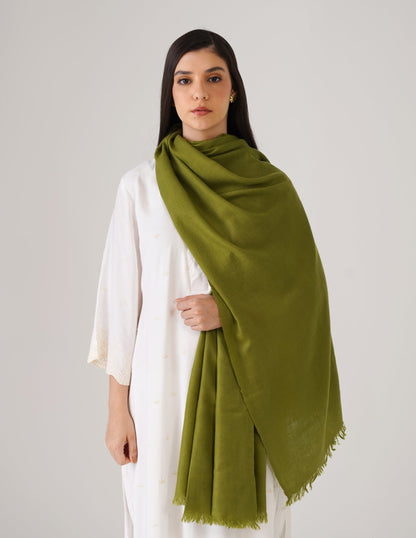 Kashmiri Handwoven Solid Cashmere Pashmina Shawl – Olive Green | Handwoven Heritage
