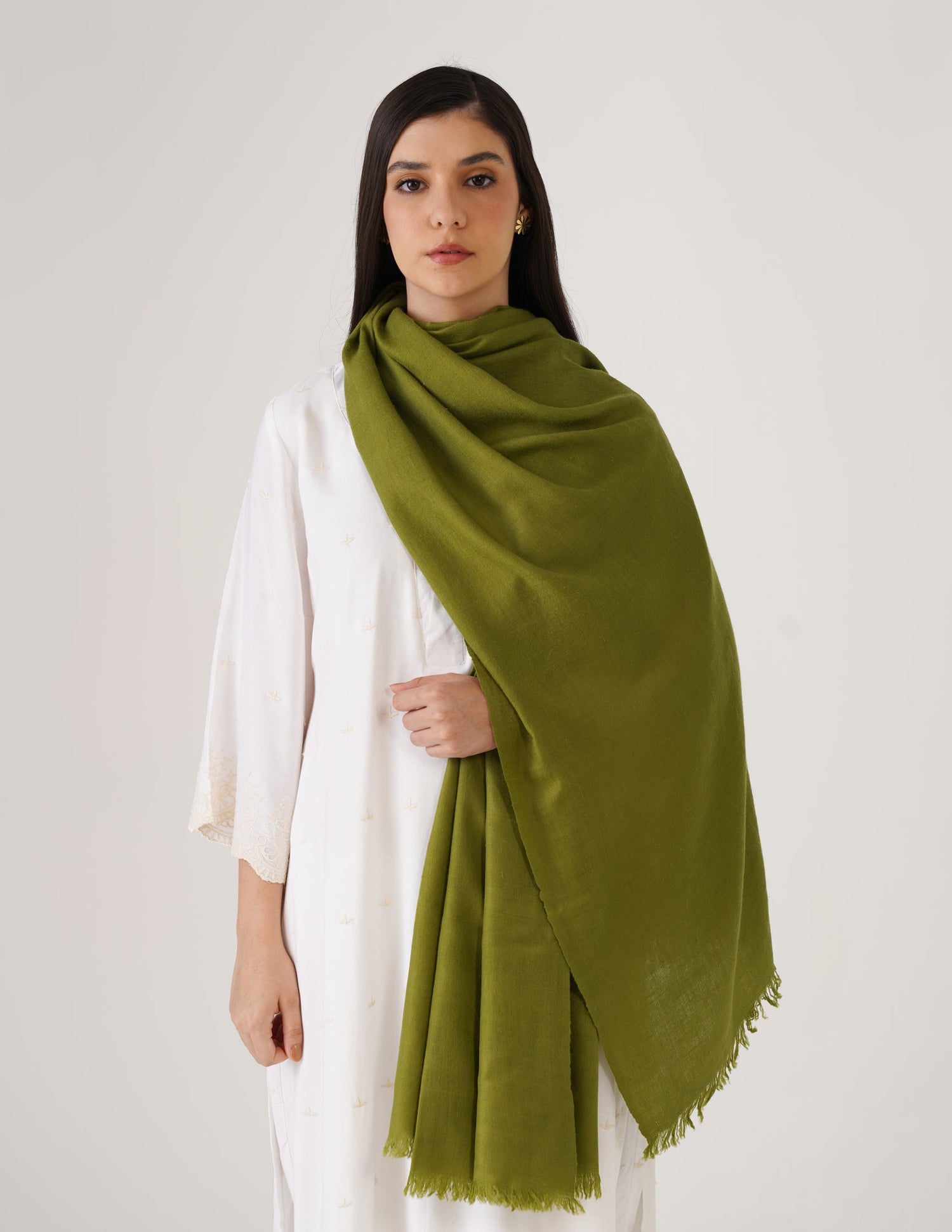 Kashmiri Handwoven Pashmina Reversible Stole – Olive Green &amp; White Asparagus | Handwoven Heritage