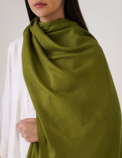 Kashmiri Handwoven Pashmina Reversible Stole – Olive Green &amp; White Asparagus | Handwoven Heritage