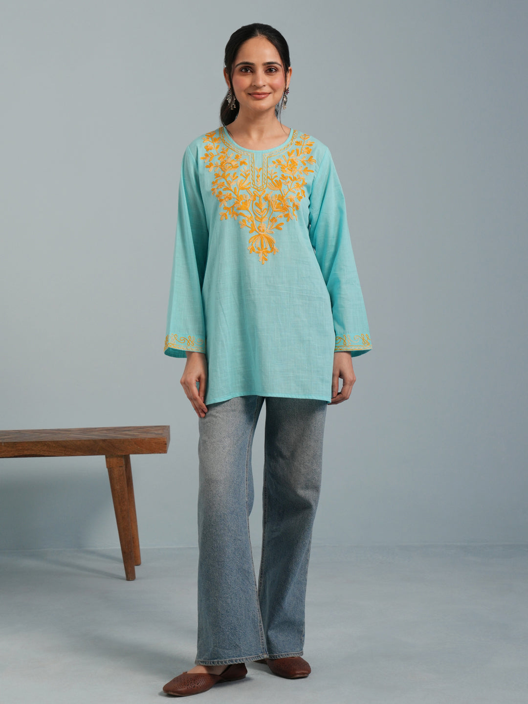 Sky Blue Kashmiri Aari Embroidered  Rayon Kurta