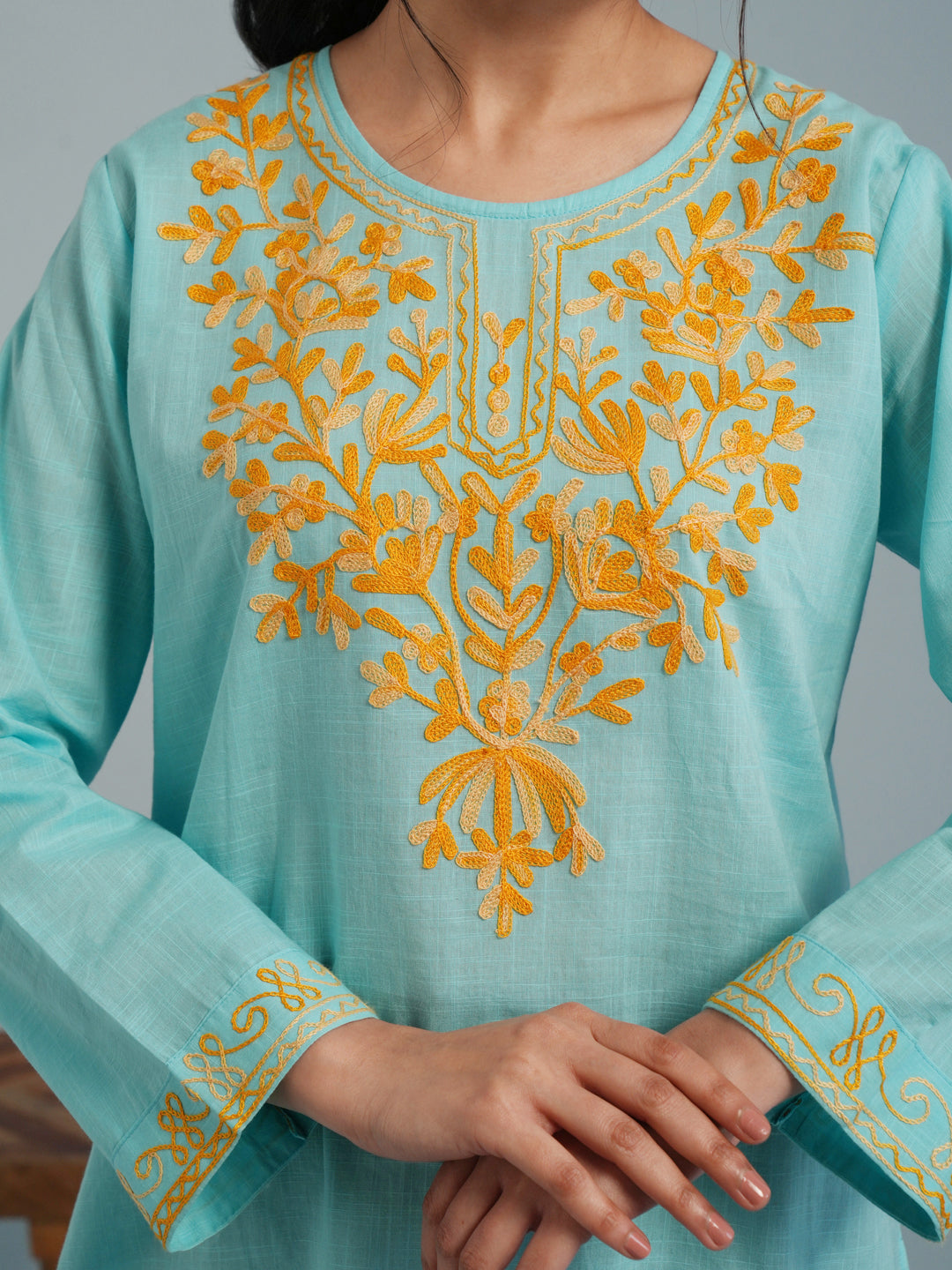 Sky Blue Kashmiri Aari Embroidered  Rayon Kurta