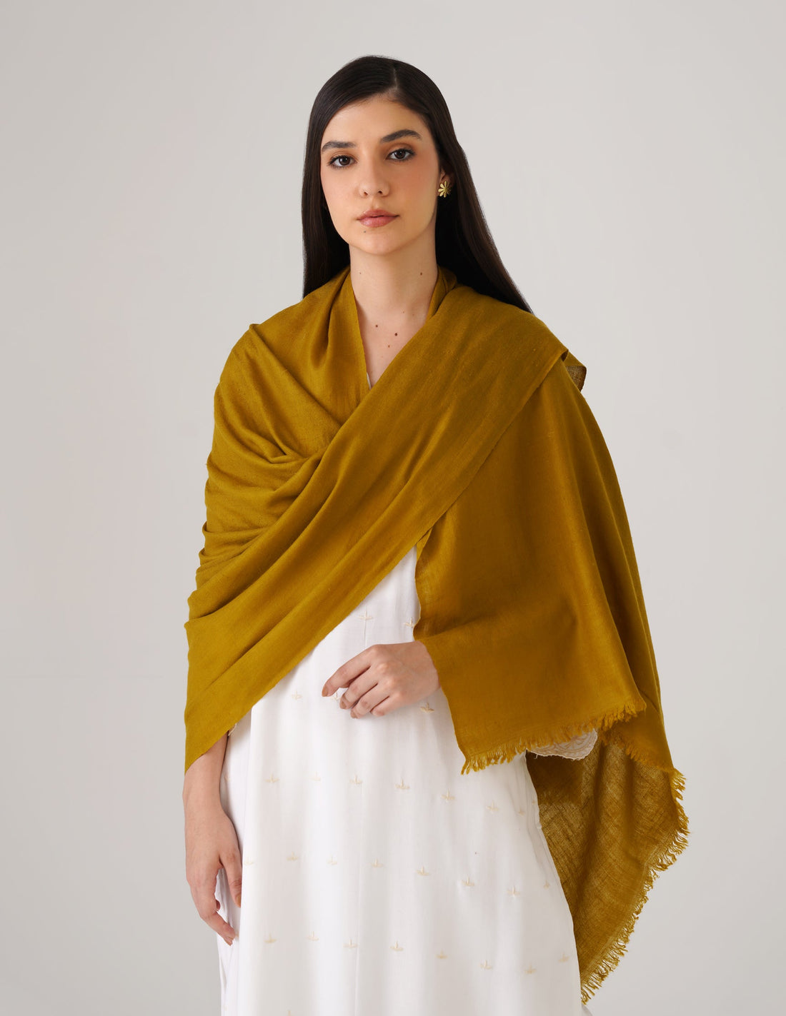 Kashmiri Handwoven Solid Cashmere Pashmina Shawl – Mustard Olive | Handwoven Heritage