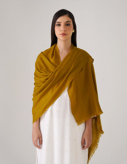 Kashmiri Handwoven Solid Cashmere Pashmina Shawl – Mustard Olive | Handwoven Heritage