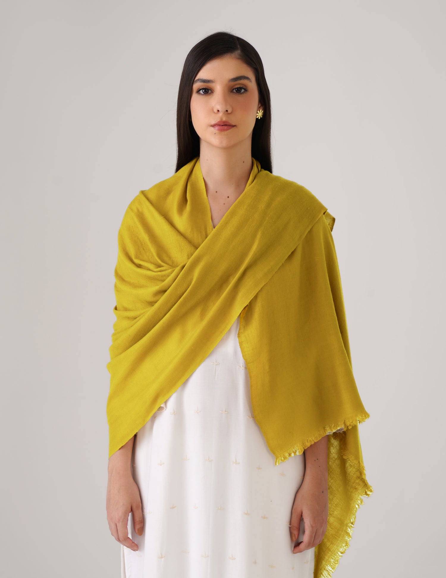 Kashmiri Handwoven Solid Cashmere Pashmina Shawl – Mustard Olive | Handwoven Heritage