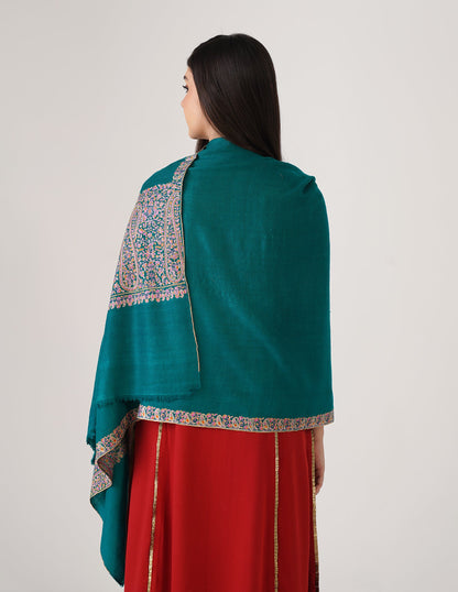Kashmiri Handwoven Pashmina Sozni Palladar Stole – Deep Teal Blue | Luxury Heritage - Kashmir Box