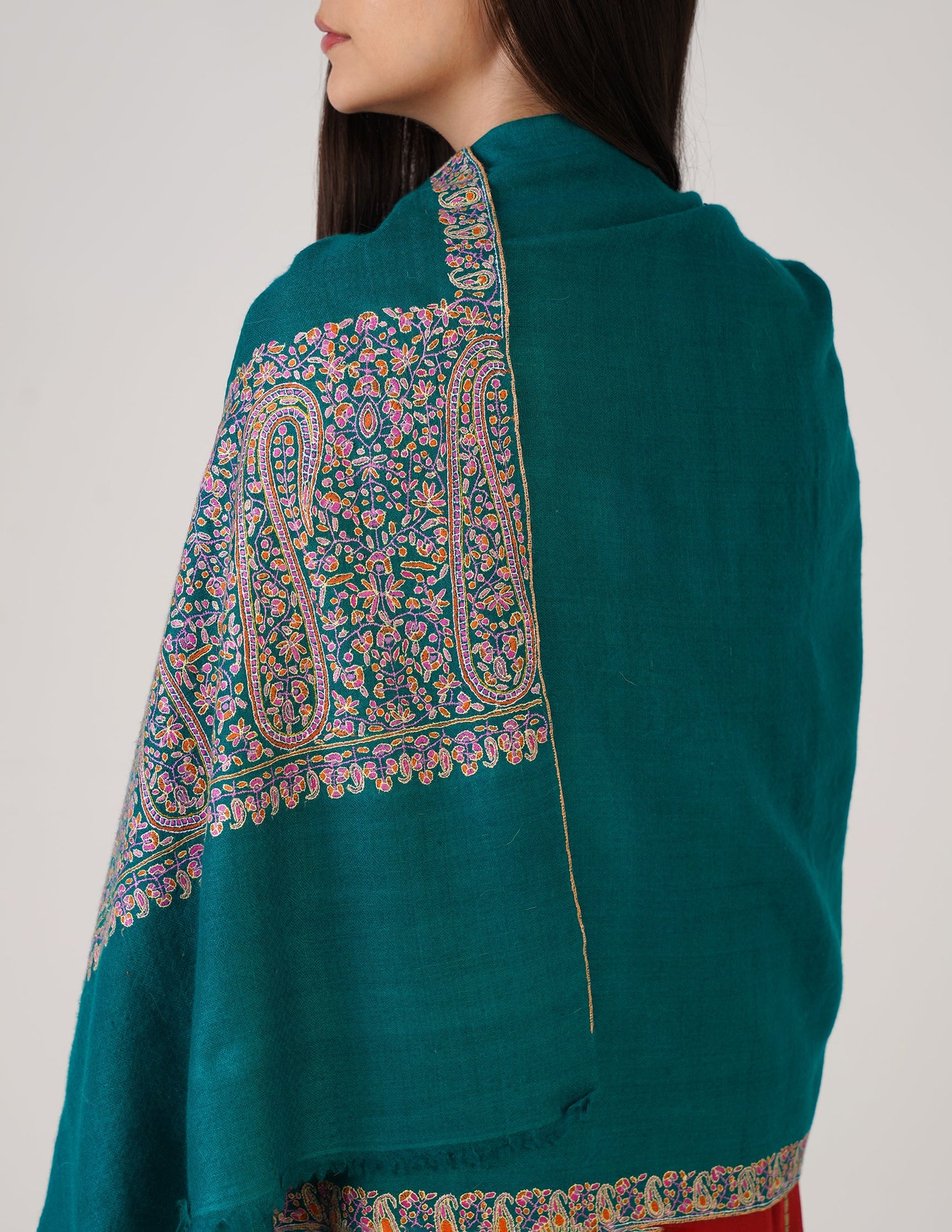 Kashmiri Handwoven Pashmina Sozni Palladar Stole – Deep Teal Blue | Luxury Heritage - Kashmir Box