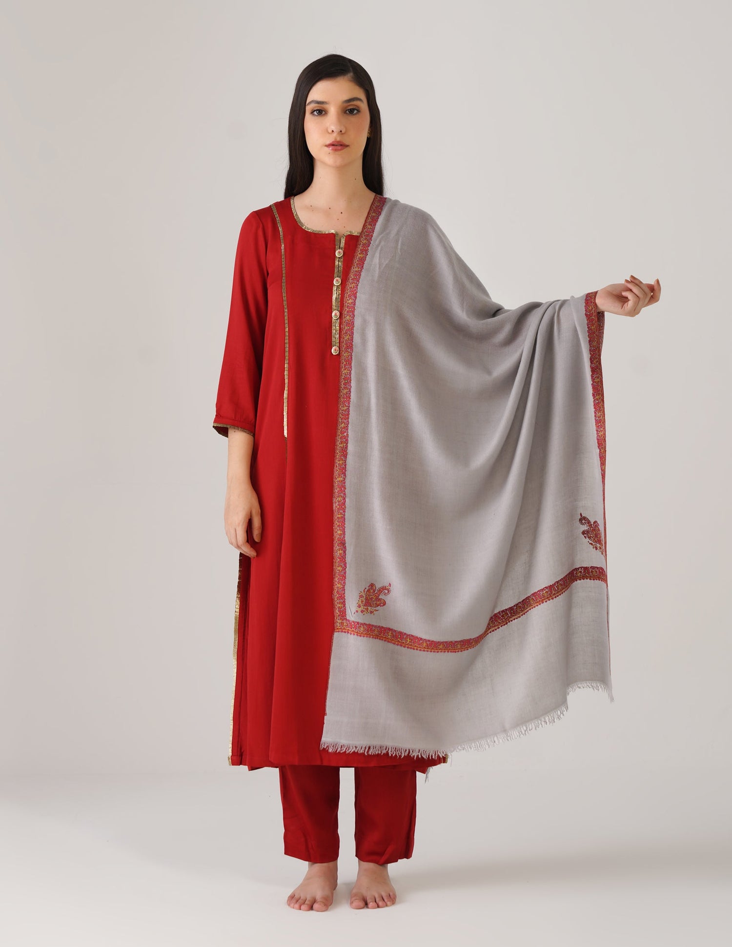 Kashmiri Handwoven Pashmina Sozni Stole Hashidaar – Silver Grey | Handwoven Heritage - Kashmir Box