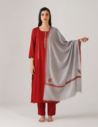 Kashmiri Handwoven Pashmina Sozni Stole Hashidaar – Silver Grey | Handwoven Heritage - Kashmir Box
