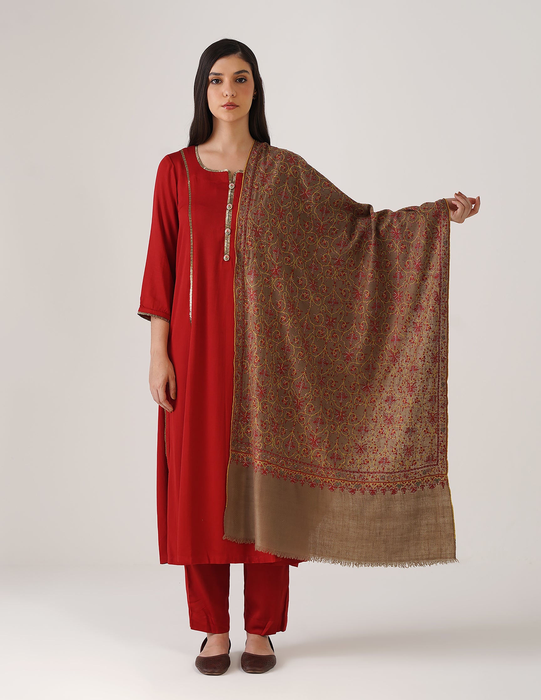 Kashmiri Handwoven Pashmina Sozni Stole Jaalidar – Royal Taupe | Handwoven Heritage | GI Certified - Kashmir Box