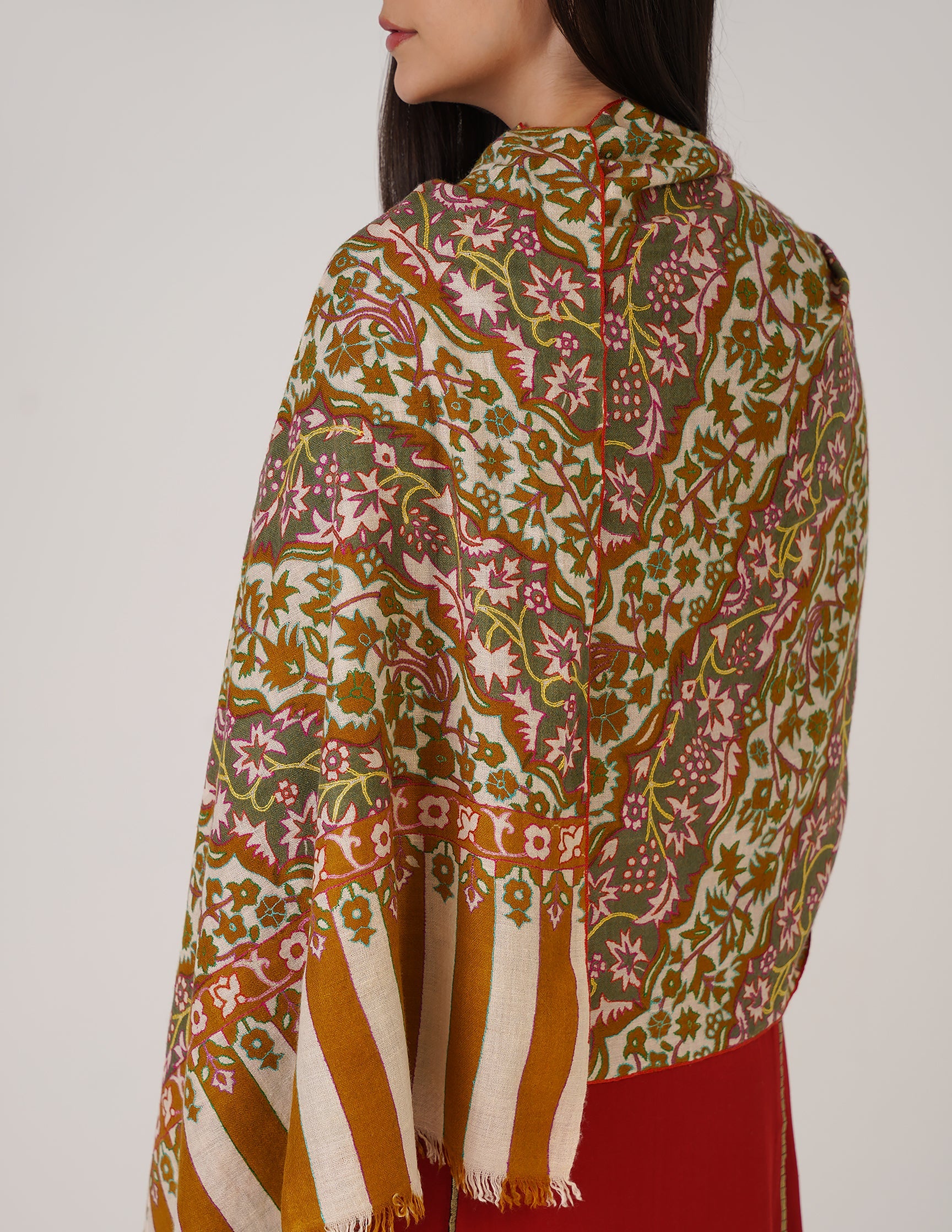 Kashmiri Handwoven Pashmina Sozni Stole Outline Embroidery – Mustard Gold | Handwoven Heritage | GI Certified