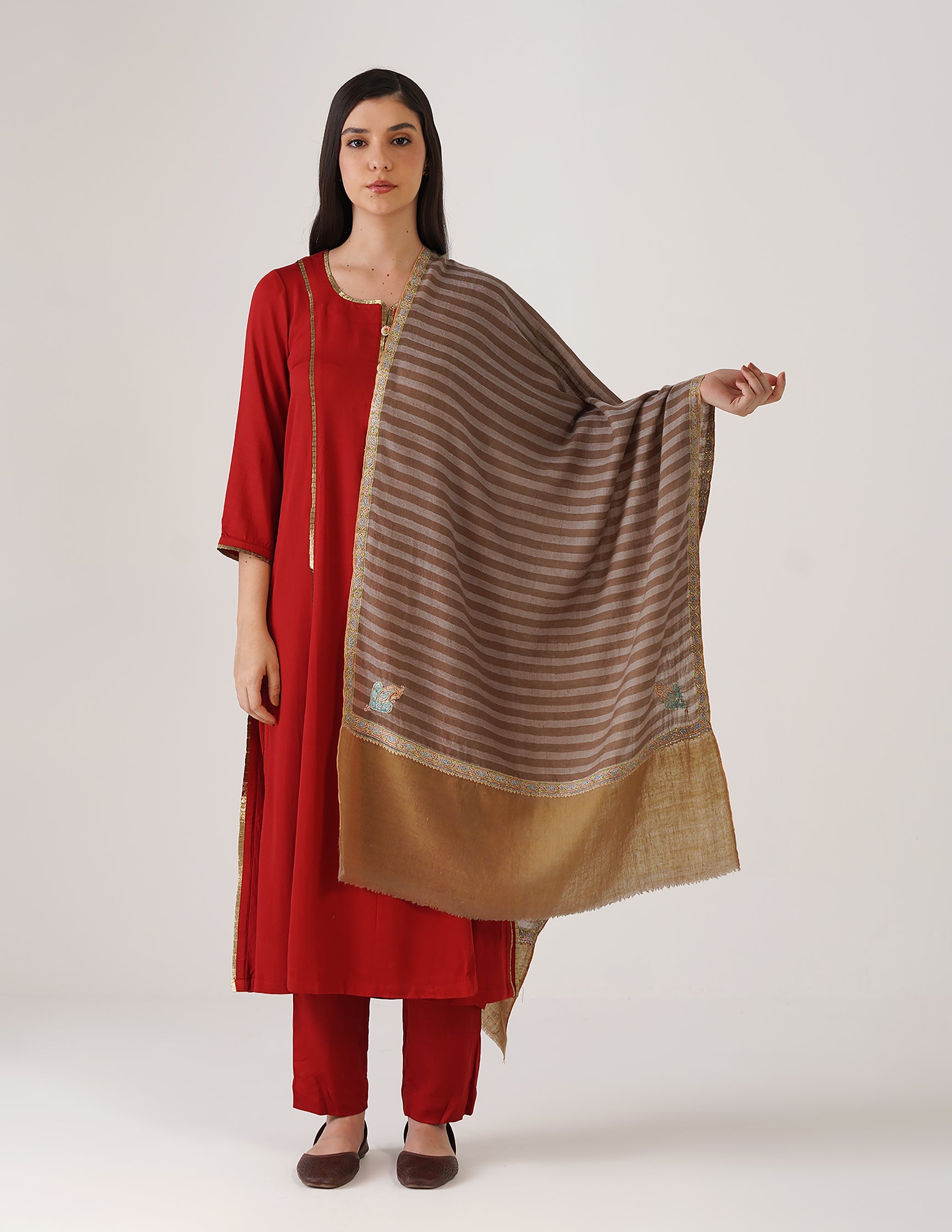 Kashmiri Handwoven Pashmina Sozni Stole Hashidaar Stripes – Brown &amp; Grey | Handwoven Heritage