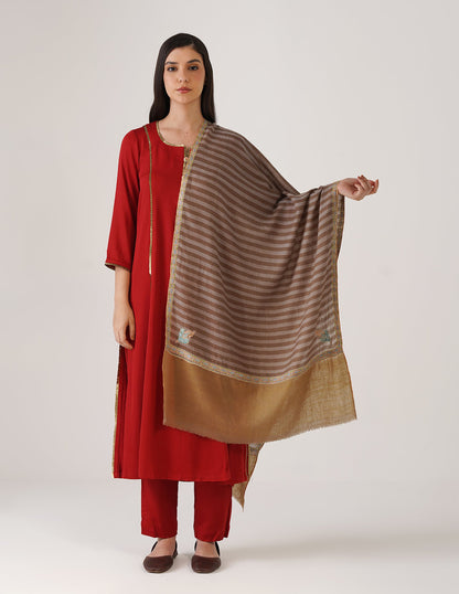 Kashmiri Handwoven Pashmina Sozni Stole Hashidaar Stripes – Brown &amp; Grey | Handwoven Heritage