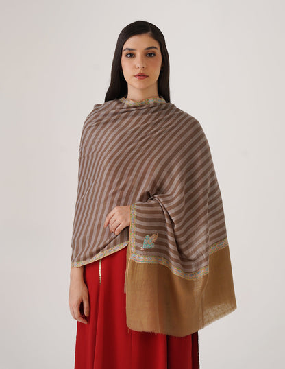 Kashmiri Handwoven Pashmina Sozni Stole Hashidaar Stripes – Brown &amp; Grey | Handwoven Heritage