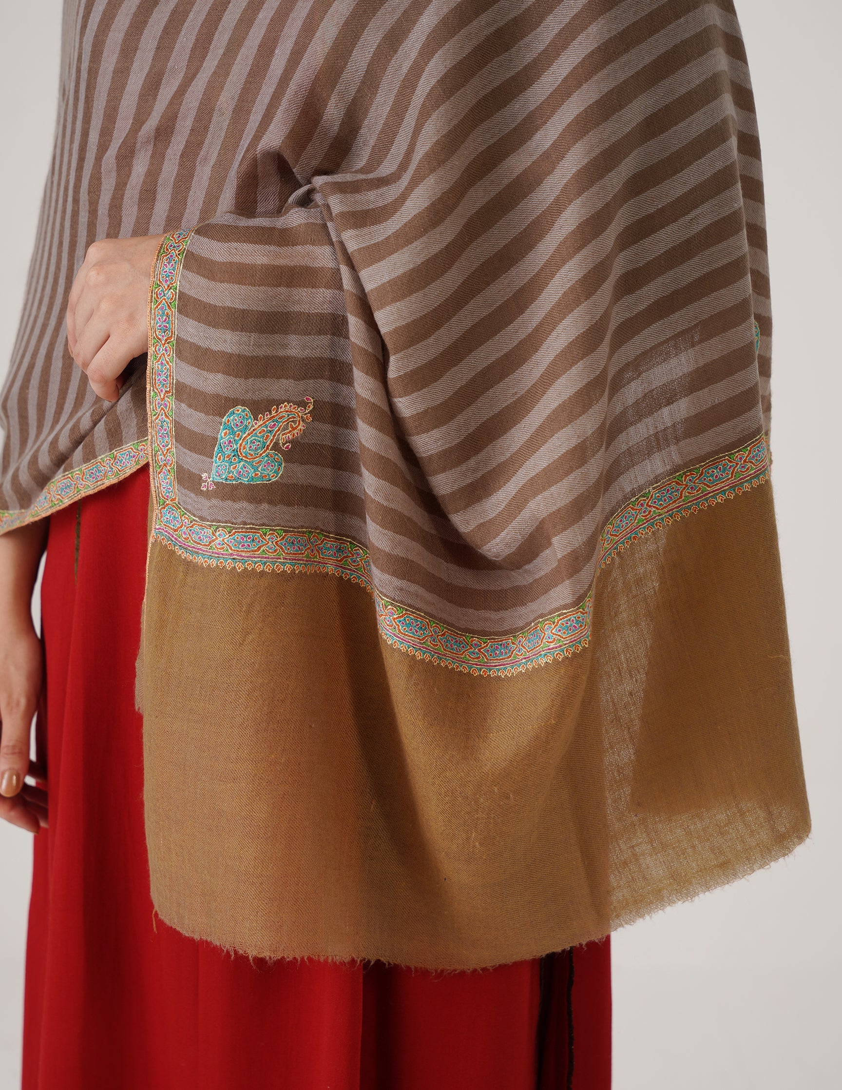 Kashmiri Handwoven Pashmina Sozni Stole Hashidaar Stripes – Brown &amp; Grey | Handwoven Heritage