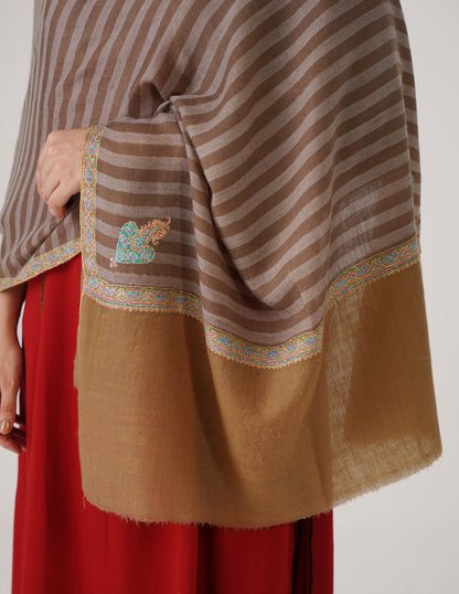 Kashmiri Handwoven Pashmina Sozni Stole Hashidaar Stripes – Brown &amp; Grey | Handwoven Heritage