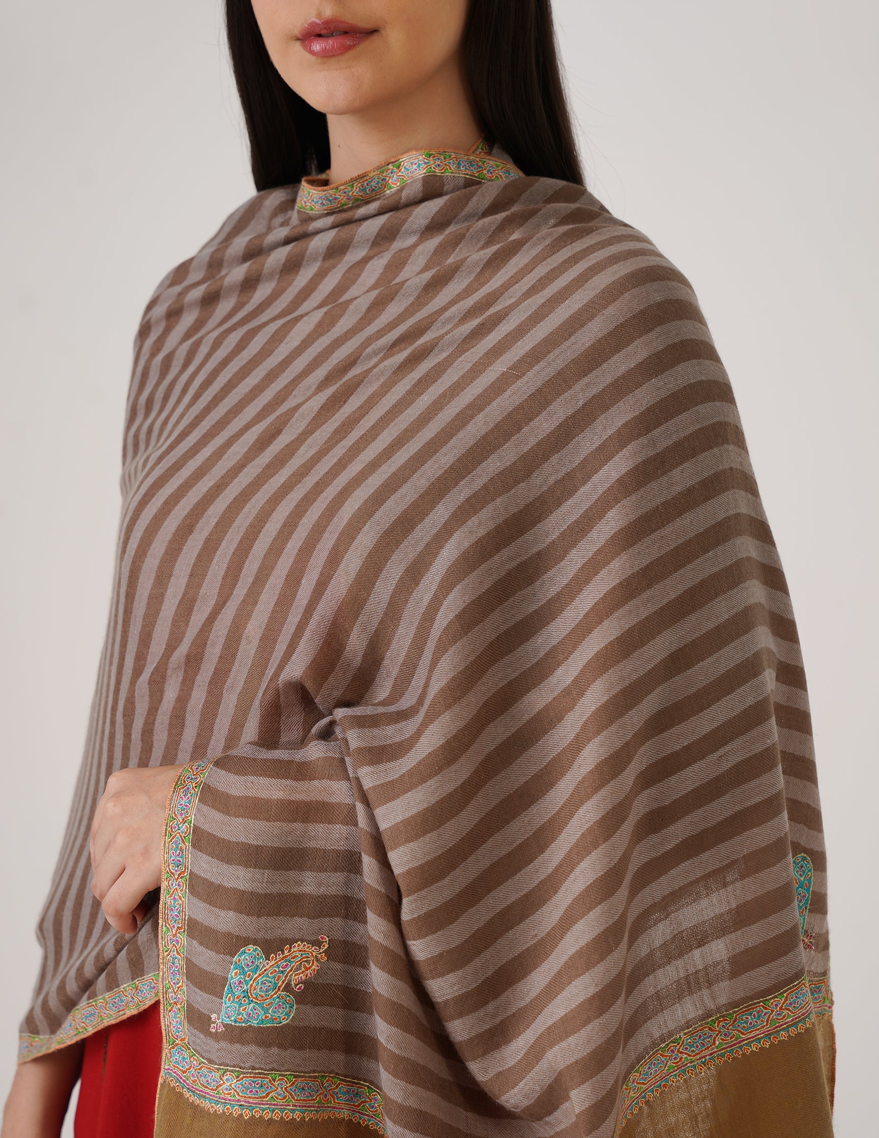 Kashmiri Handwoven Pashmina Sozni Stole Hashidaar Stripes – Brown &amp; Grey | Handwoven Heritage