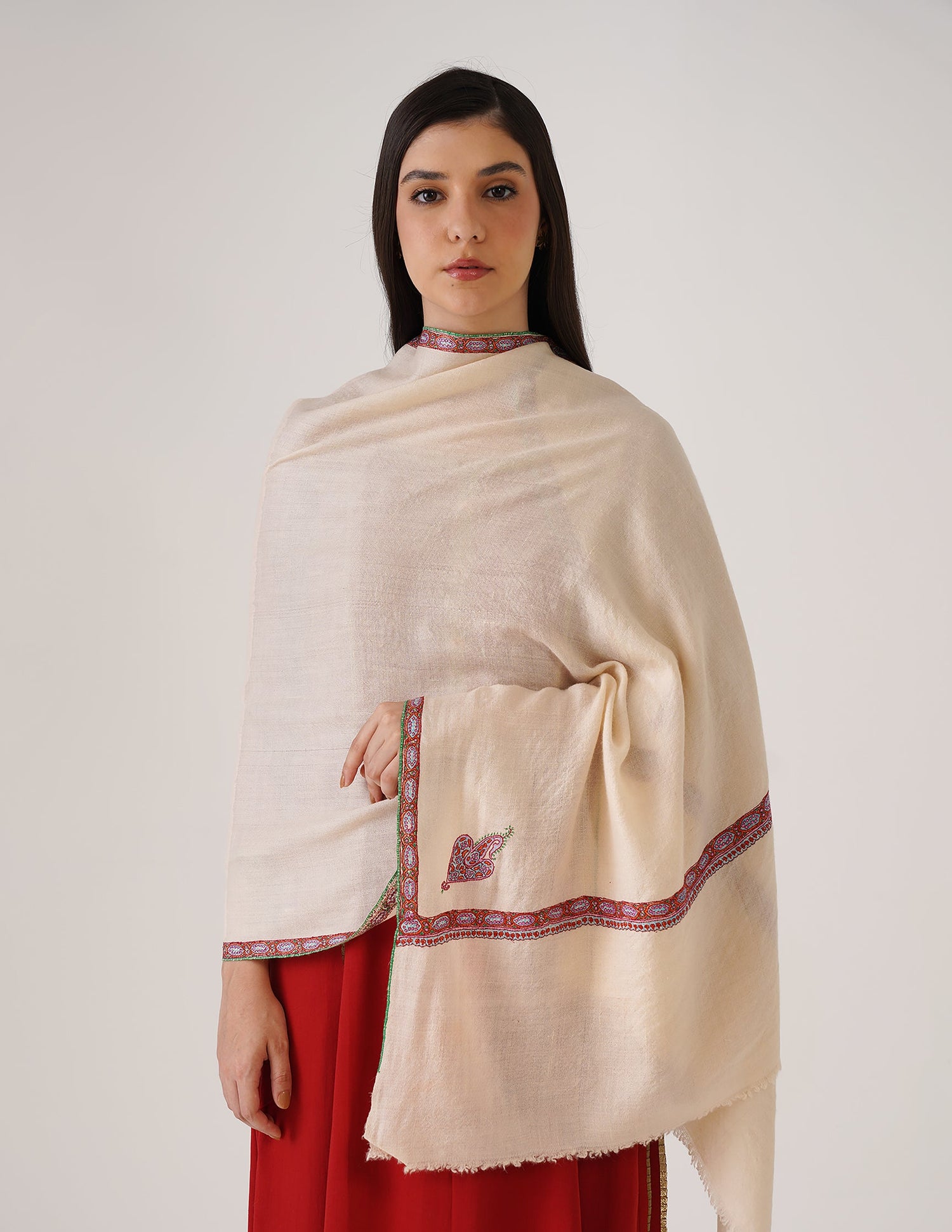 Kashmiri Handwoven Pashmina Sozni Stole Hashidaar – Powder Puff | Handwoven Heritage
