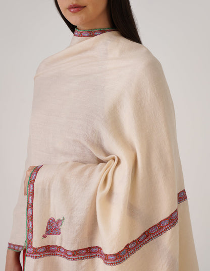 Kashmiri Handwoven Pashmina Sozni Stole Hashidaar – Powder Puff | Handwoven Heritage