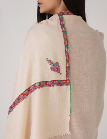 Kashmiri Handwoven Pashmina Sozni Stole Hashidaar – Powder Puff | Handwoven Heritage