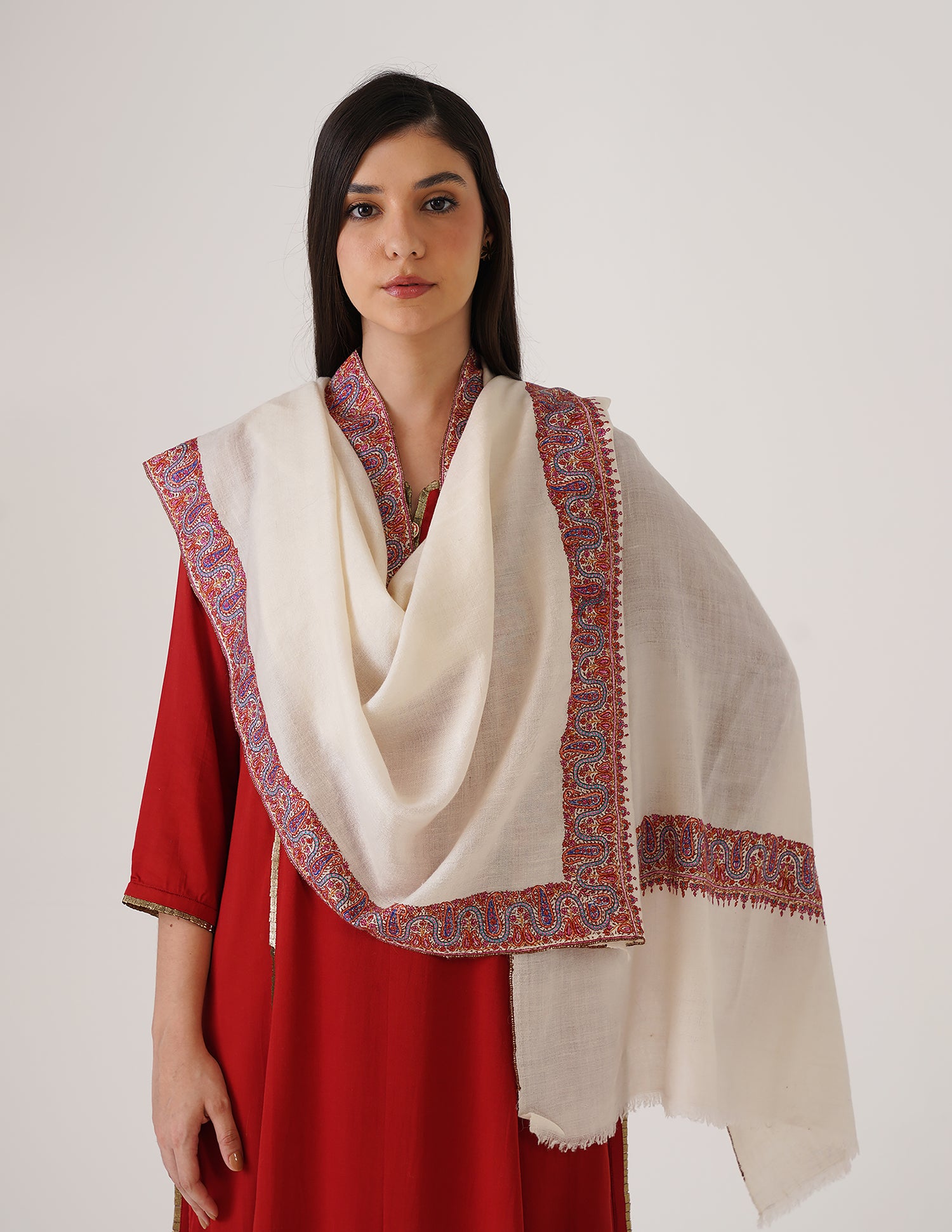 Kashmiri Handwoven Pashmina Sozni Stole Neemdore – Off White | Handwoven Heritage