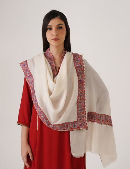 Kashmiri Handwoven Pashmina Sozni Stole Neemdore – Off White | Handwoven Heritage
