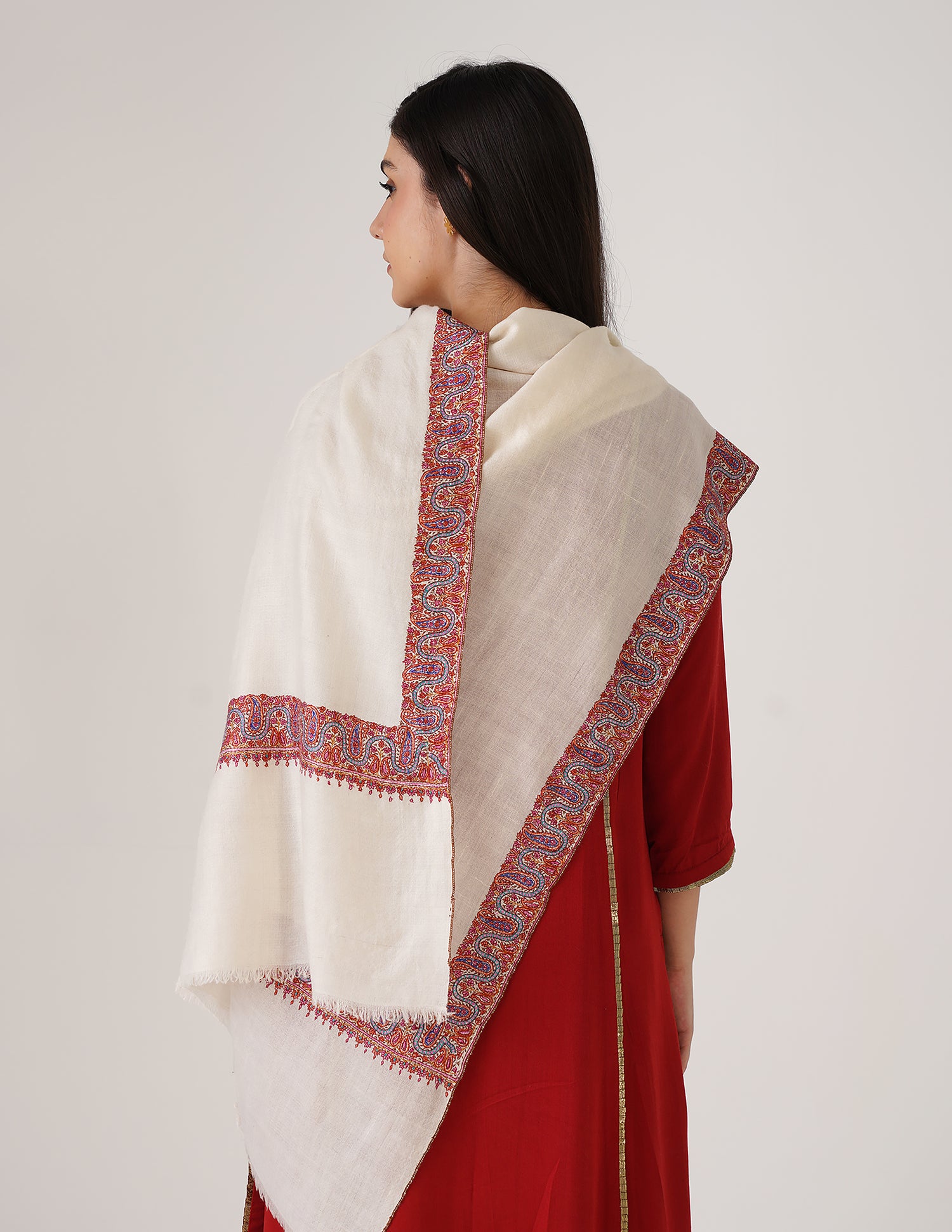 Kashmiri Handwoven Pashmina Sozni Stole Neemdore – Off White | Handwoven Heritage