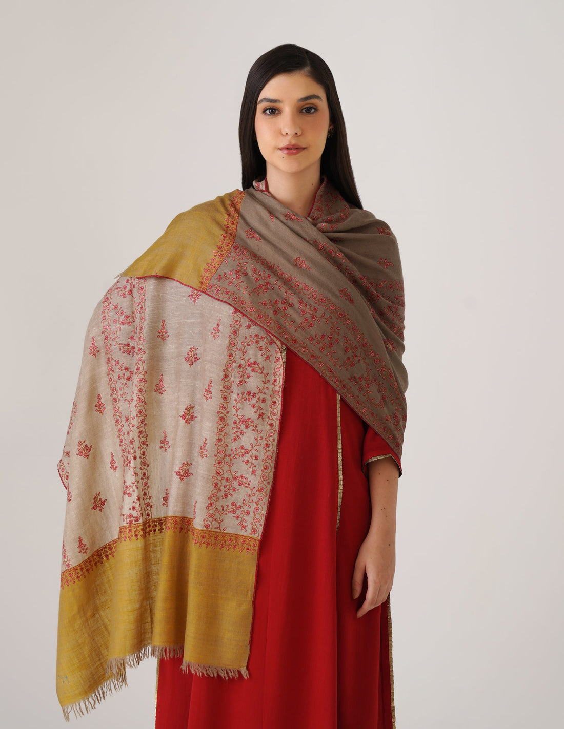 Kashmiri Handwoven Pashmina Sozni Stole Modern Design – Mustard Natural | Handwoven Heritage