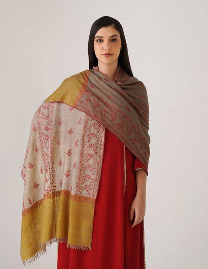 Kashmiri Handwoven Pashmina Sozni Stole Modern Design – Mustard Natural | Handwoven Heritage