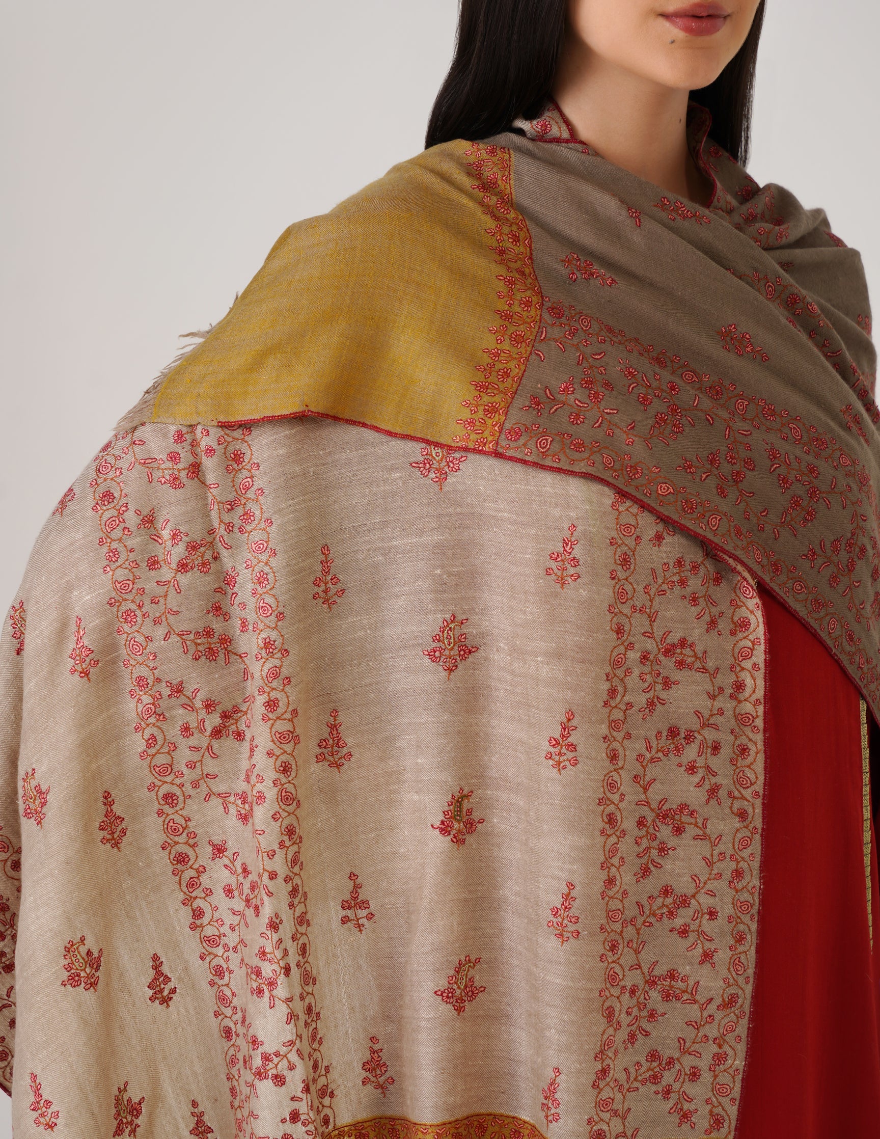Kashmiri Handwoven Pashmina Sozni Stole Modern Design – Mustard Natural | Handwoven Heritage