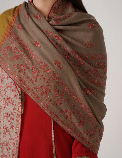 Kashmiri Handwoven Pashmina Sozni Stole Modern Design – Mustard Natural | Handwoven Heritage