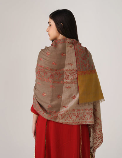 Kashmiri Handwoven Pashmina Sozni Stole Modern Design – Mustard Natural | Handwoven Heritage