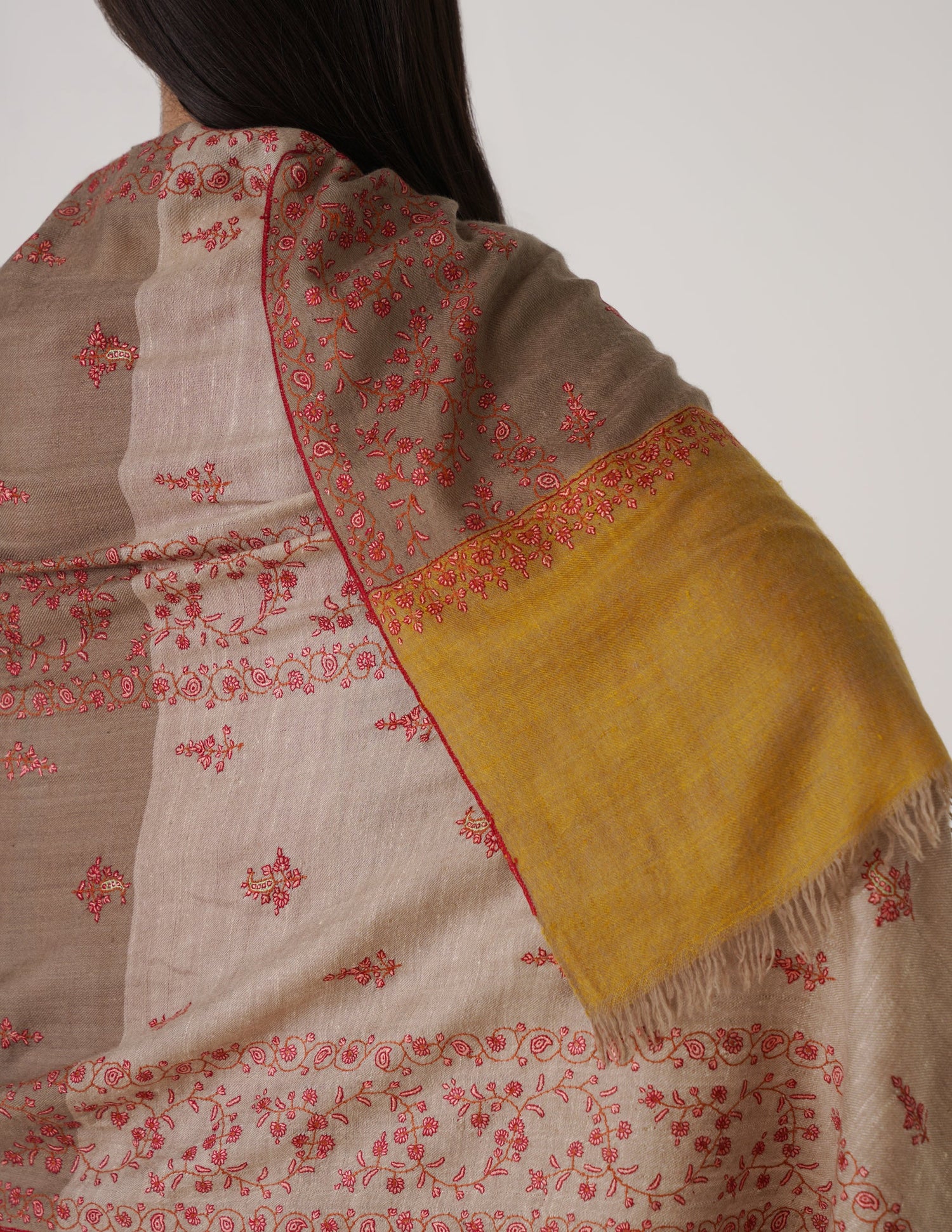 Kashmiri Handwoven Pashmina Sozni Stole Modern Design – Mustard Natural | Handwoven Heritage