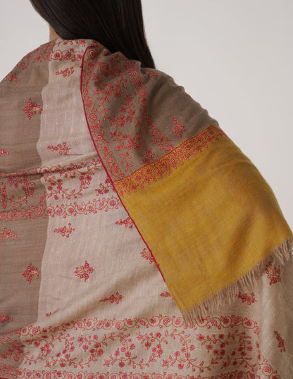 Kashmiri Handwoven Pashmina Sozni Stole Modern Design – Mustard Natural | Handwoven Heritage
