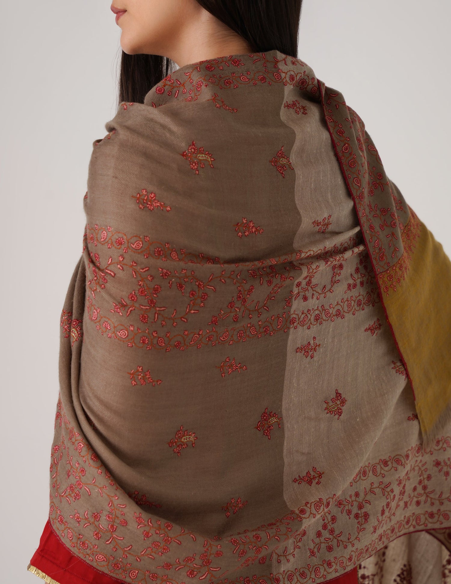 Kashmiri Handwoven Pashmina Sozni Stole Modern Design – Mustard Natural | Handwoven Heritage