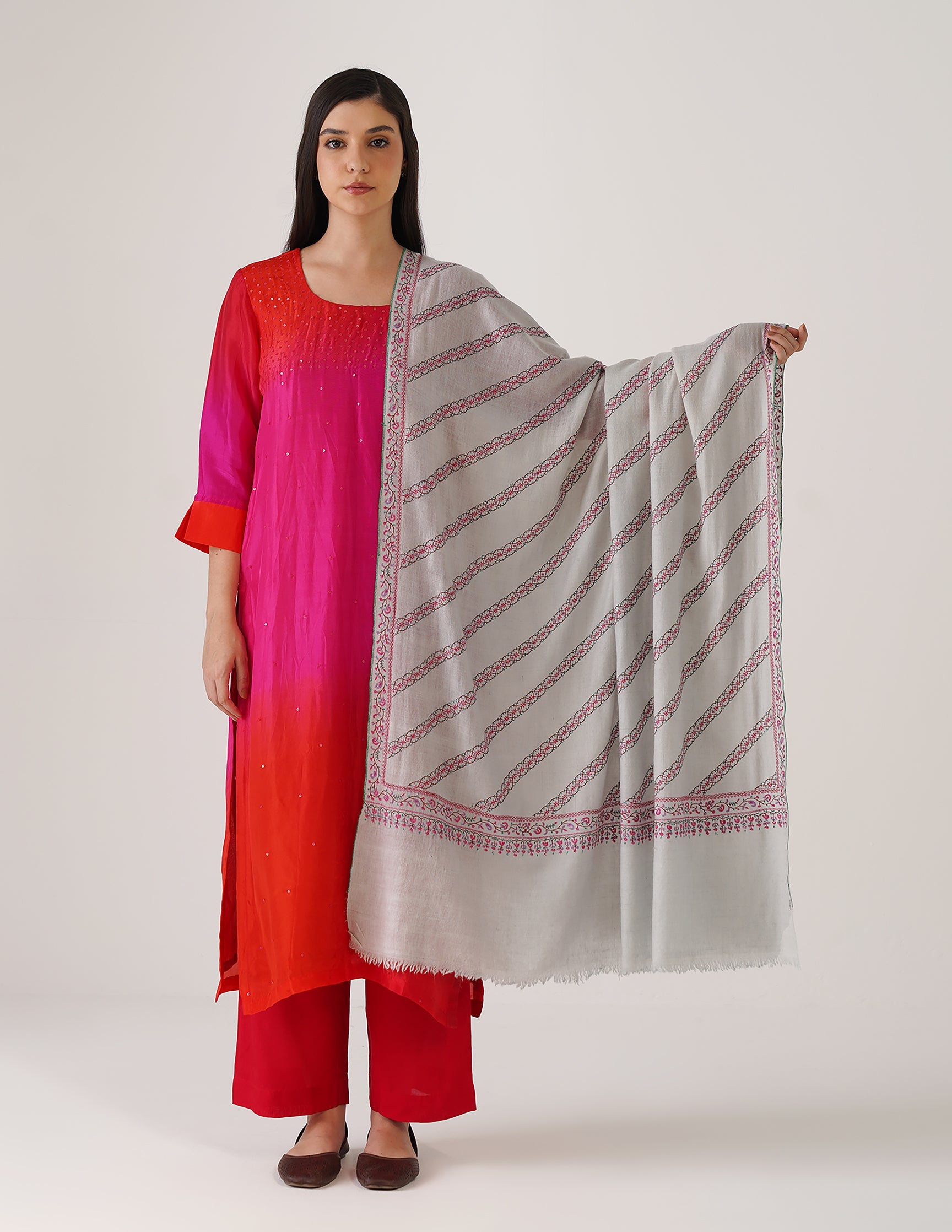 Kashmiri Handwoven Pashmina Sozni Shawl Khatiraas – Light Grey | Handwoven Heritage - Kashmir Box