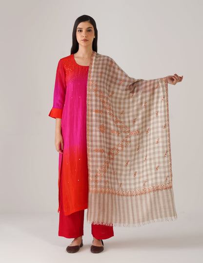 Kashmiri Handwoven Pashmina Sozni Stole Modern Checkered – Natural Undyed | Handwoven Heritage