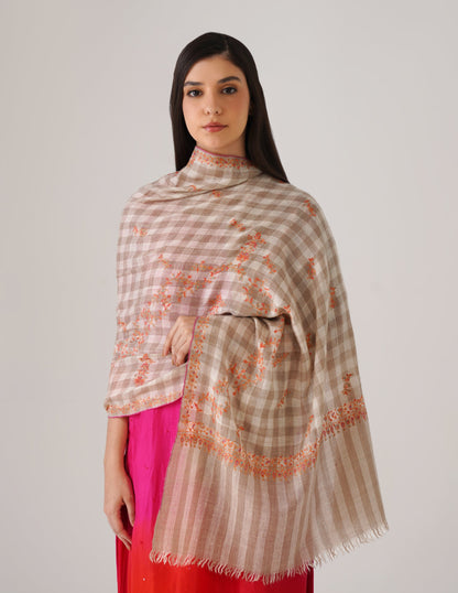 Kashmiri Handwoven Pashmina Sozni Stole Modern Checkered – Natural Undyed | Handwoven Heritage