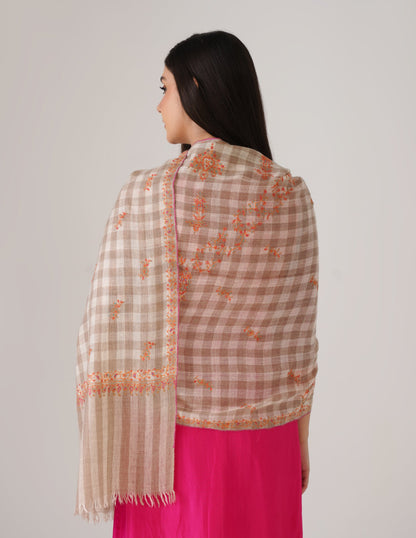 Kashmiri Handwoven Pashmina Sozni Stole Modern Checkered – Natural Undyed | Handwoven Heritage