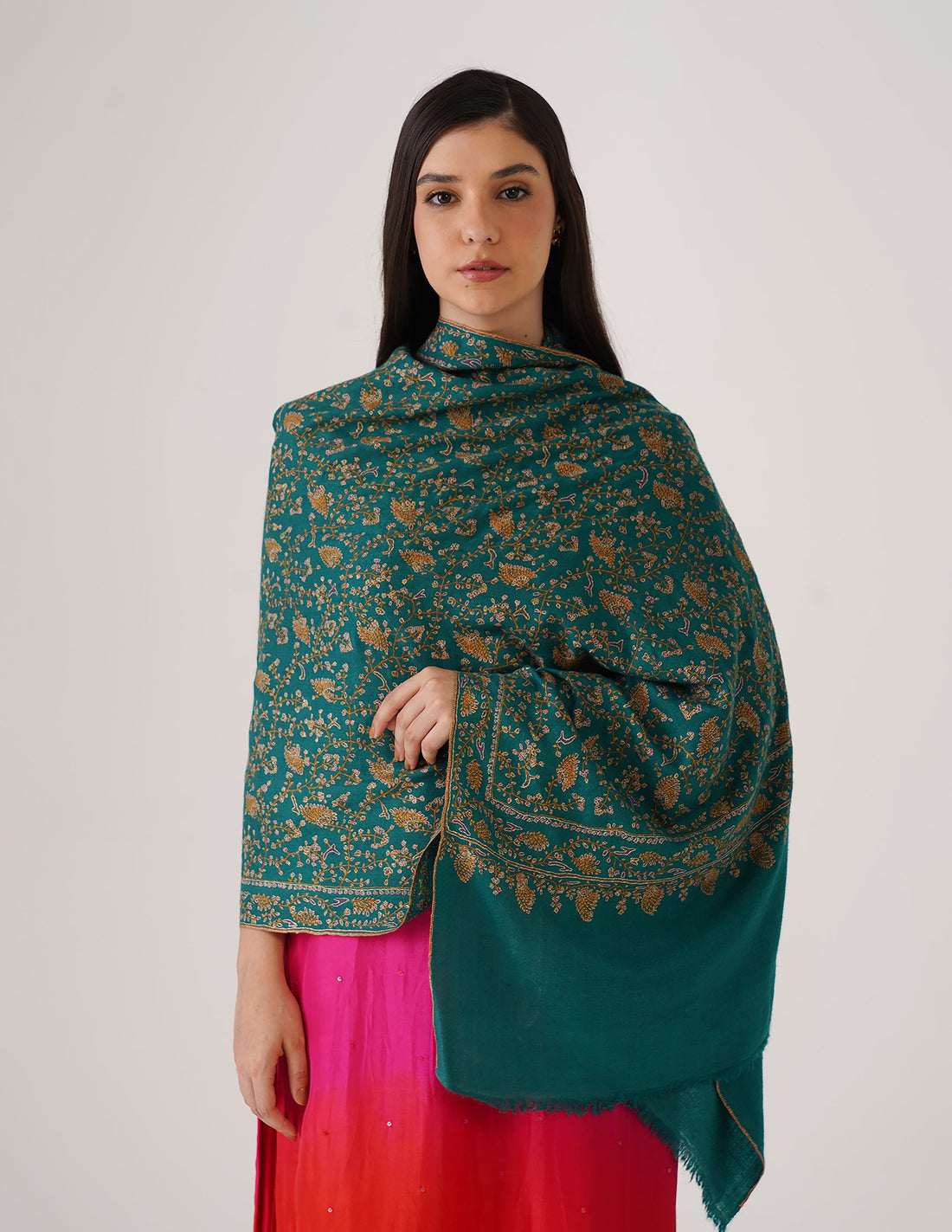 Kashmiri Handwoven Pashmina Sozni Stole Jaalidar Heavy – Antique Green | Handwoven Heritage