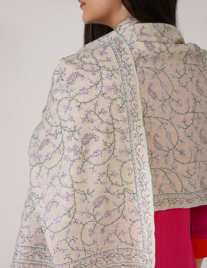 Kashmiri Handwoven Pashmina Sozni Stole Heavy Jaalidar – Off White | Handwoven Heritage - Kashmir Box