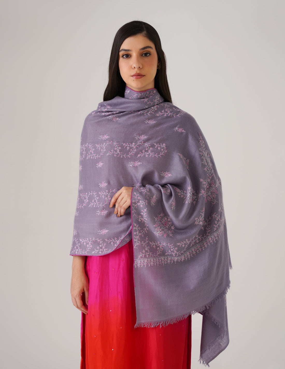 Kashmiri Handwoven Pashmina Sozni Stole Modern Design – Grey with White & Pink | Handwoven Heritage - Kashmir Box