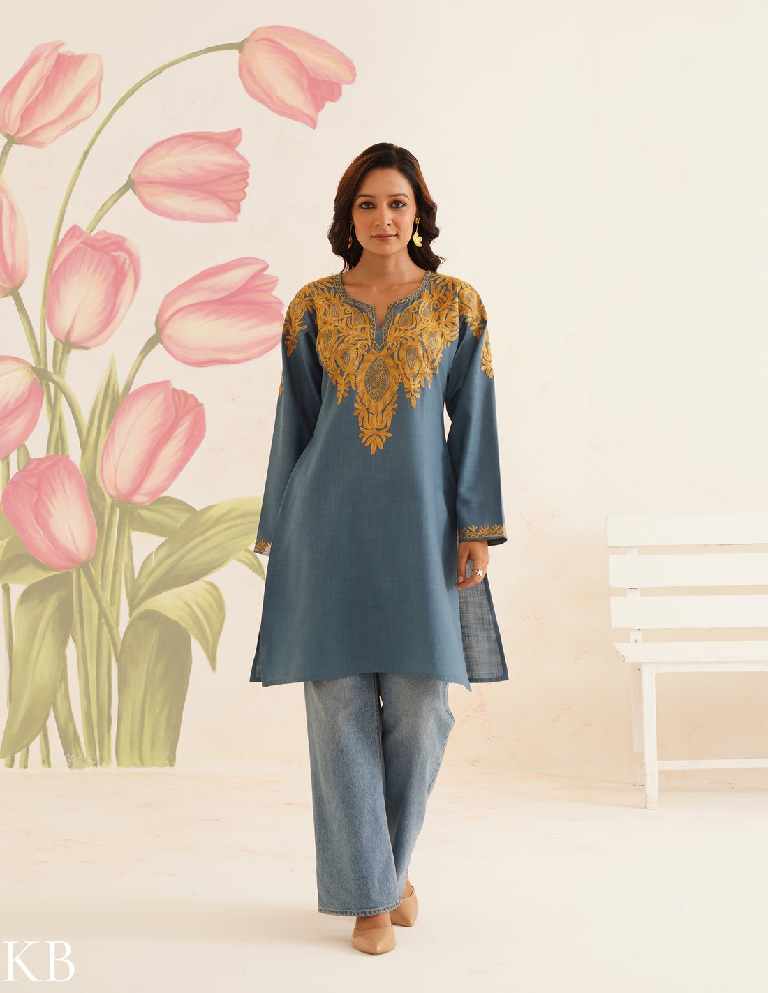 Teal Blue Cotton Kurti with Golden Kashmiri Aari Embroidery | AM to PM Wear | Bahaar Collection 2025