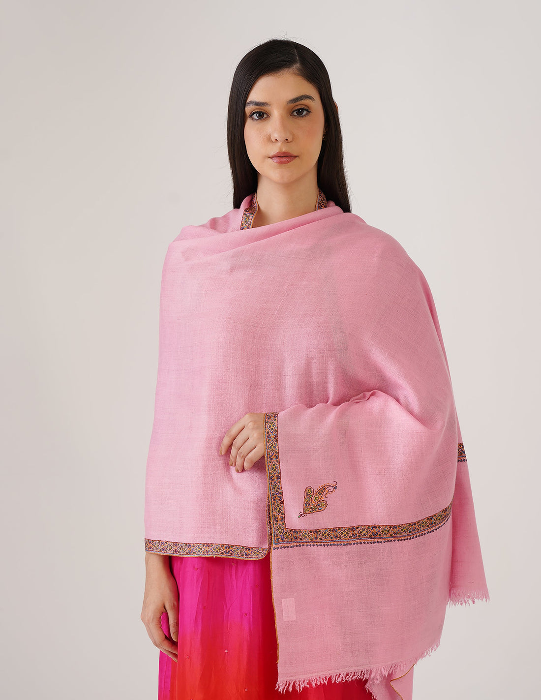 Kashmiri Handwoven Pashmina Sozni Stole Hashidaar – Candy Pink | Handwoven Heritage | GI Certified